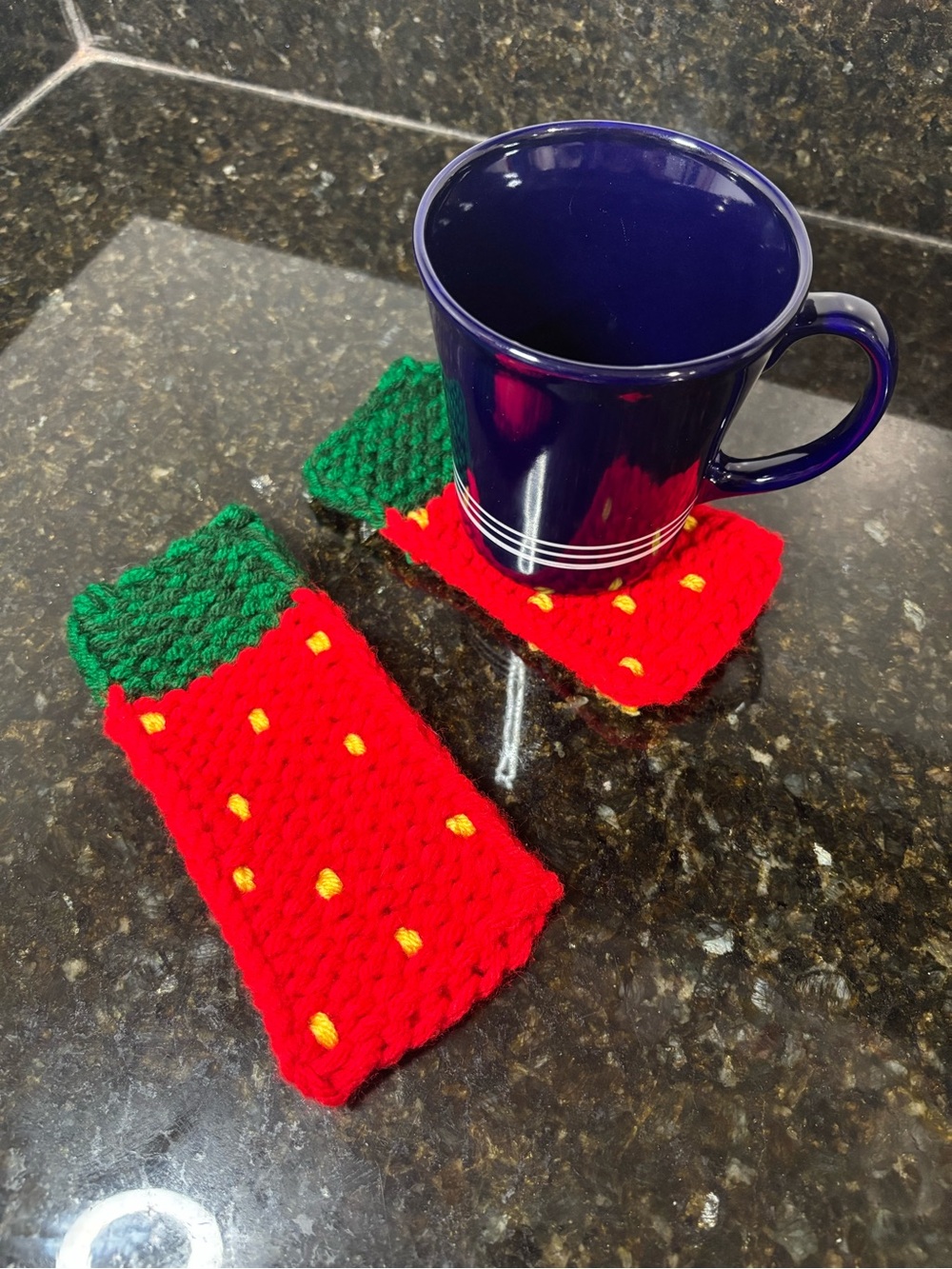 NWOT Set of Two Handknit Strawberry Mug Rug Cossters